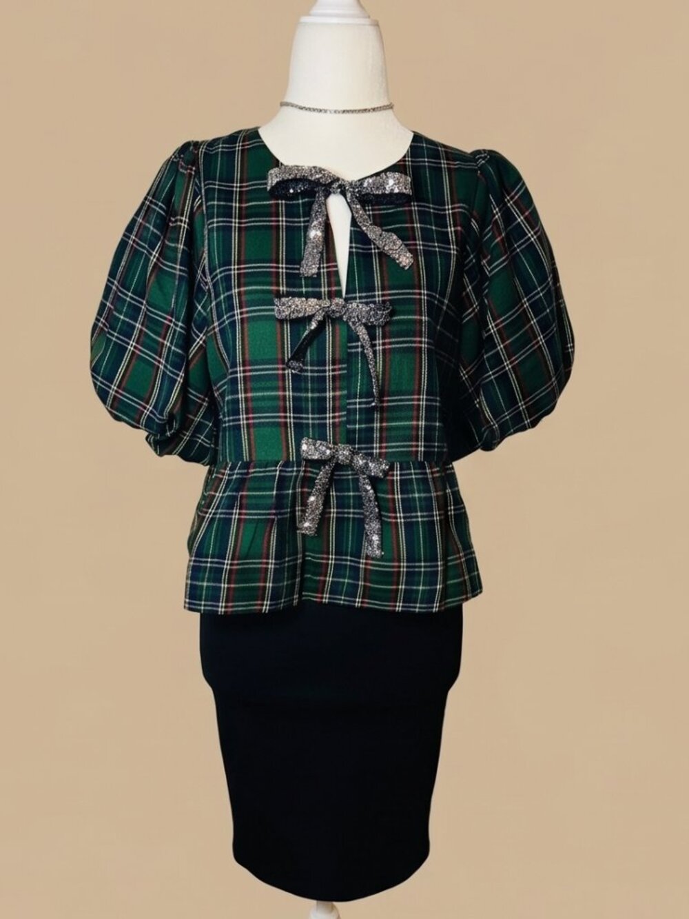 Shop the Mint Green Tartan Plaid Sequin Bow Peplum Top XS